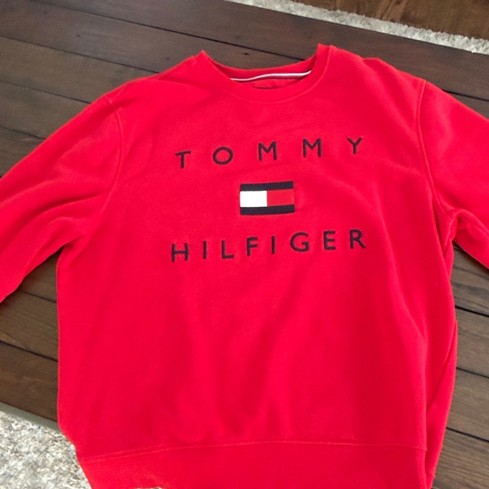 Vintage Tommy Hilfiger Sweatshirt Mens XL Red Fleece Flag Logo Crewneck 90s